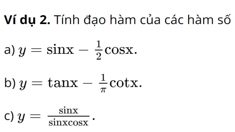 bảng tính công thức đạo hàm