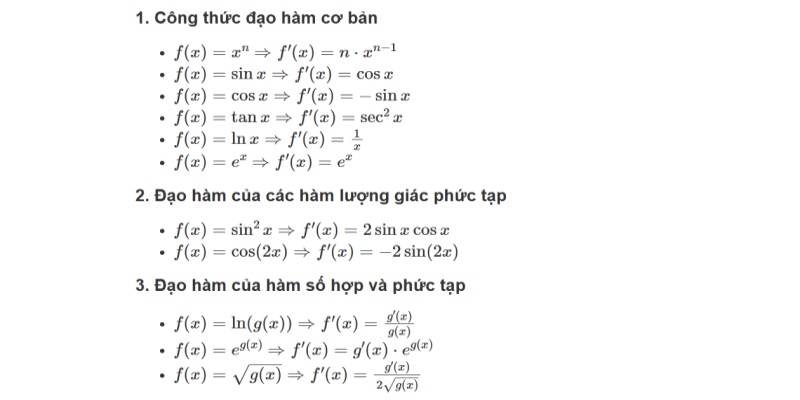 công thức đạo hàm nhanh