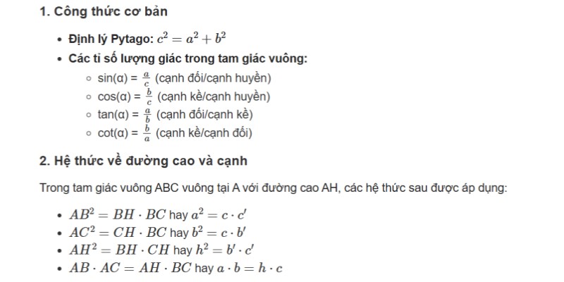 công thức hệ thức lượng giác