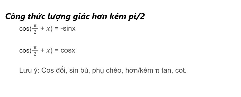 công thức lượng giác thể hiện hai cung hơn kém nửa pi