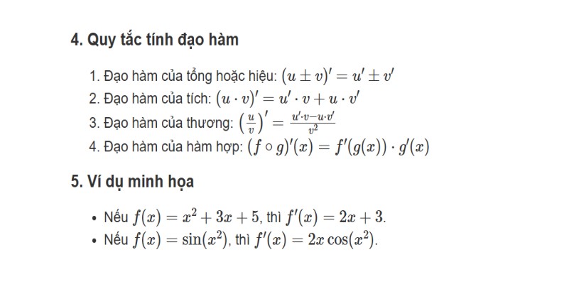 công thức tính đạo hàm nhanh