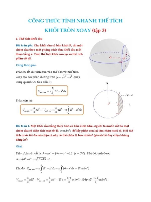 các công thức tính thể tích khối tròn xoay cơ bản